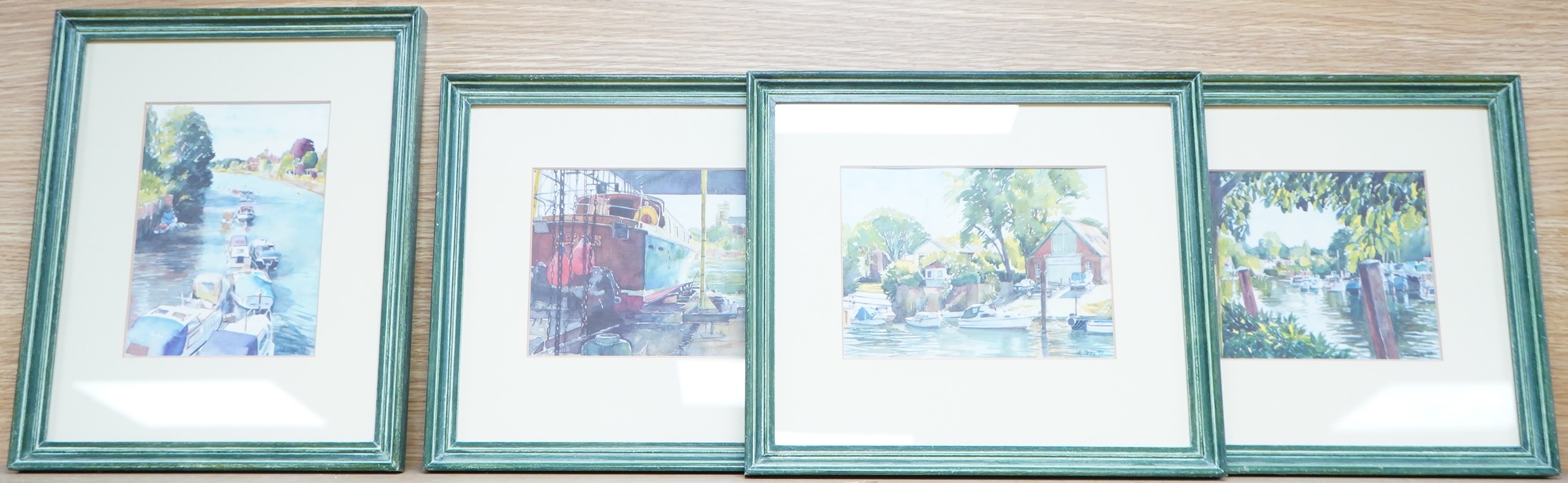 After Jill Storey (20th. C), Thames views, four colour prints, 13 x 18cm, housed in green painted frames